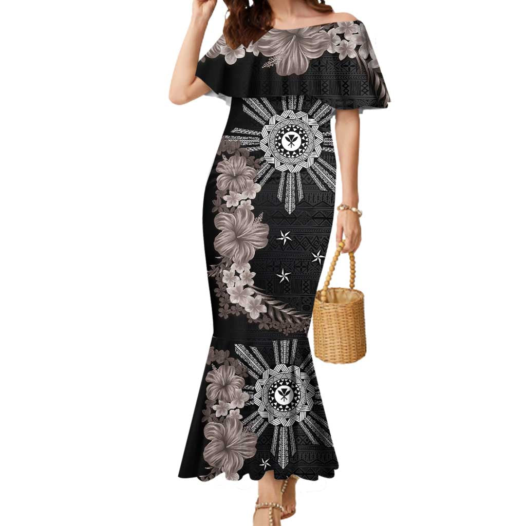 Hawaii and Philippines Together Mermaid Dress Hibiscus Flower and Sun Badge Polynesian Pattern Grayscale