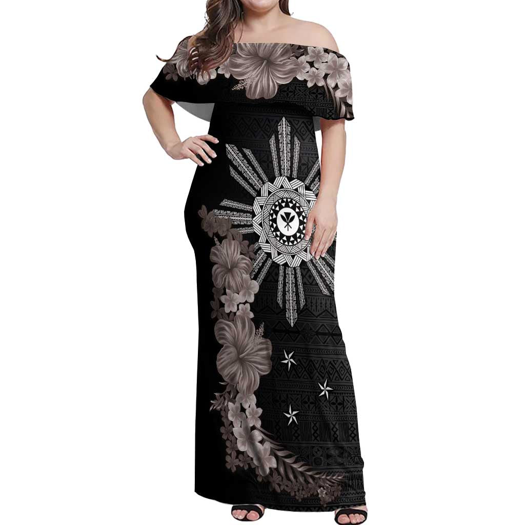 Hawaii and Philippines Together Off Shoulder Maxi Dress Hibiscus Flower and Sun Badge Polynesian Pattern Grayscale