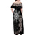 Hawaii and Philippines Together Off Shoulder Maxi Dress Hibiscus Flower and Sun Badge Polynesian Pattern Grayscale