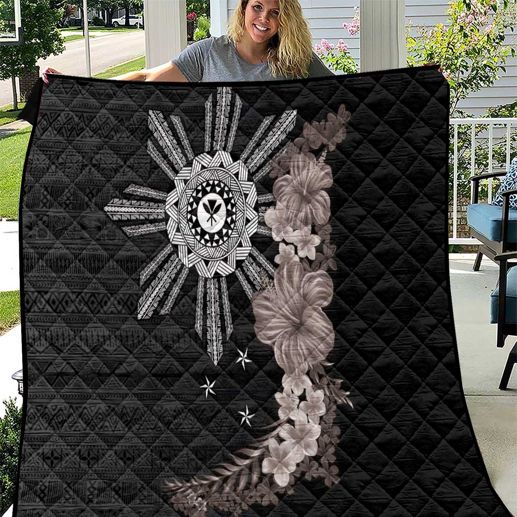 Hawaii and Philippines Together Quilt Hibiscus Flower and Sun Badge Polynesian Pattern Grayscale