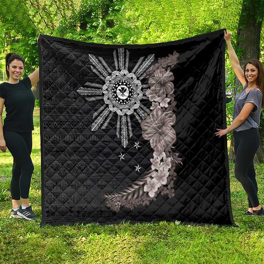 Hawaii and Philippines Together Quilt Hibiscus Flower and Sun Badge Polynesian Pattern Grayscale