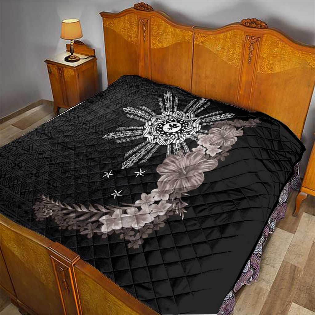 Hawaii and Philippines Together Quilt Hibiscus Flower and Sun Badge Polynesian Pattern Grayscale