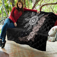 Hawaii and Philippines Together Quilt Hibiscus Flower and Sun Badge Polynesian Pattern Grayscale