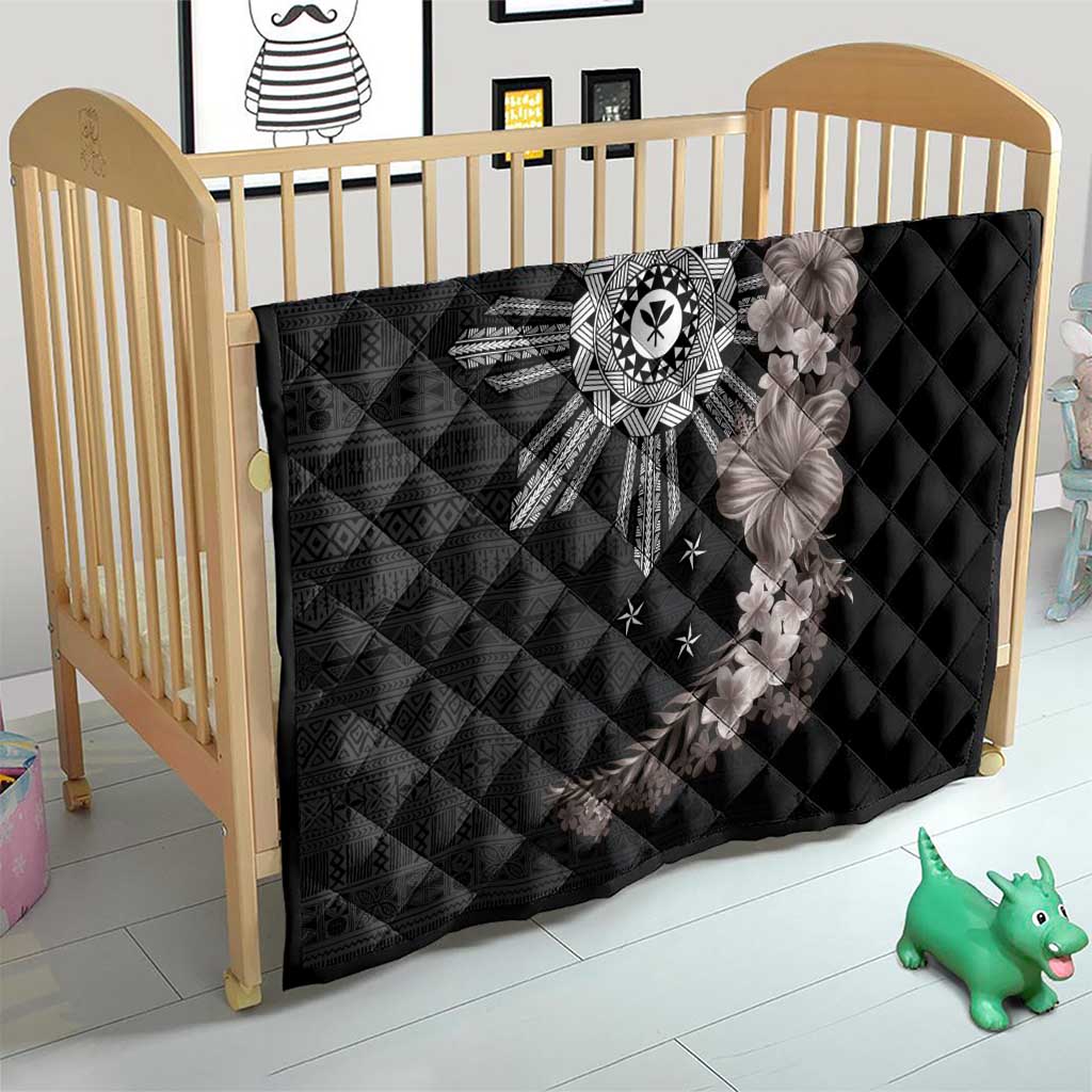 Hawaii and Philippines Together Quilt Hibiscus Flower and Sun Badge Polynesian Pattern Grayscale