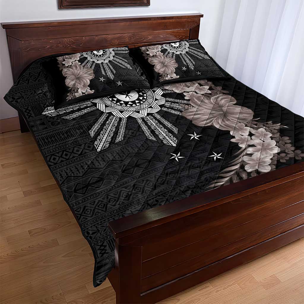 Hawaii and Philippines Together Quilt Bed Set Hibiscus Flower and Sun Badge Polynesian Pattern Grayscale