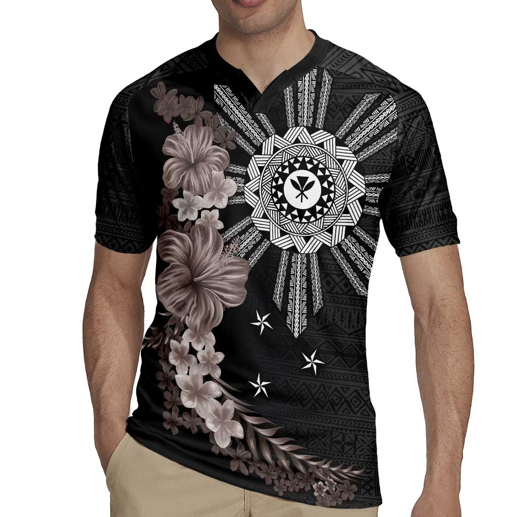 Hawaii and Philippines Together Rugby Jersey Hibiscus Flower and Sun Badge Polynesian Pattern Grayscale