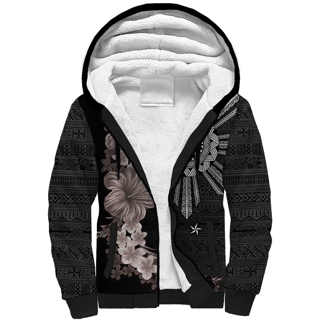 Hawaii and Philippines Together Sherpa Hoodie Hibiscus Flower and Sun Badge Polynesian Pattern Grayscale