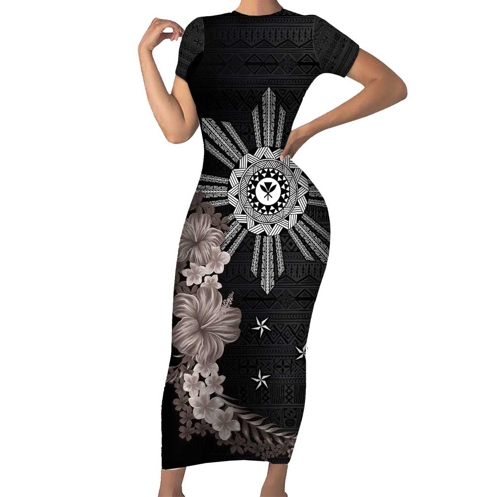 Hawaii and Philippines Together Short Sleeve Bodycon Dress Hibiscus Flower and Sun Badge Polynesian Pattern Grayscale