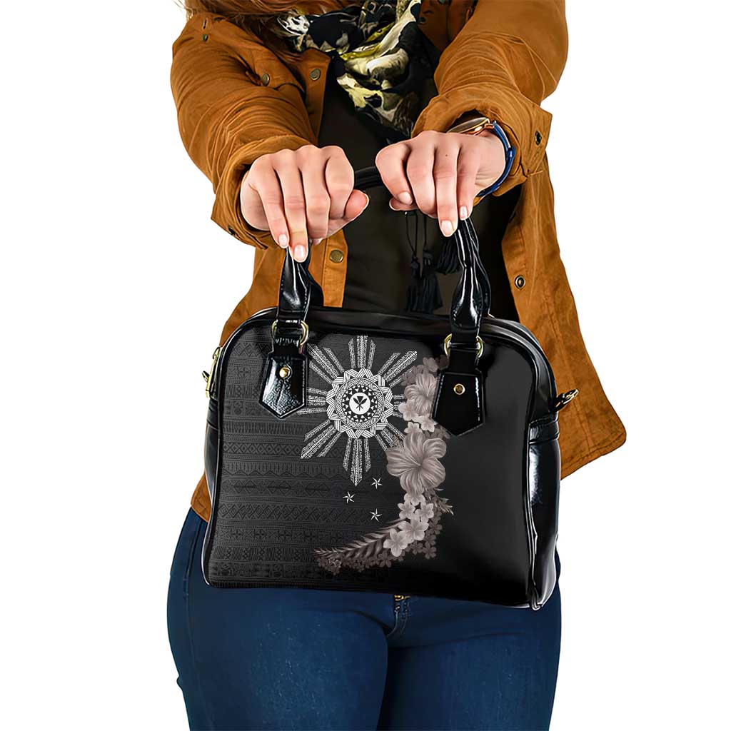 Hawaii and Philippines Together Shoulder Handbag Hibiscus Flower and Sun Badge Polynesian Pattern Grayscale