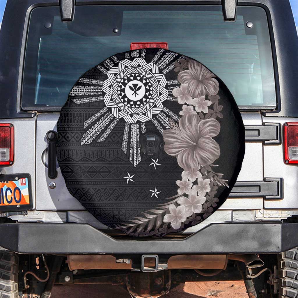 Hawaii and Philippines Together Spare Tire Cover Hibiscus Flower and Sun Badge Polynesian Pattern Grayscale