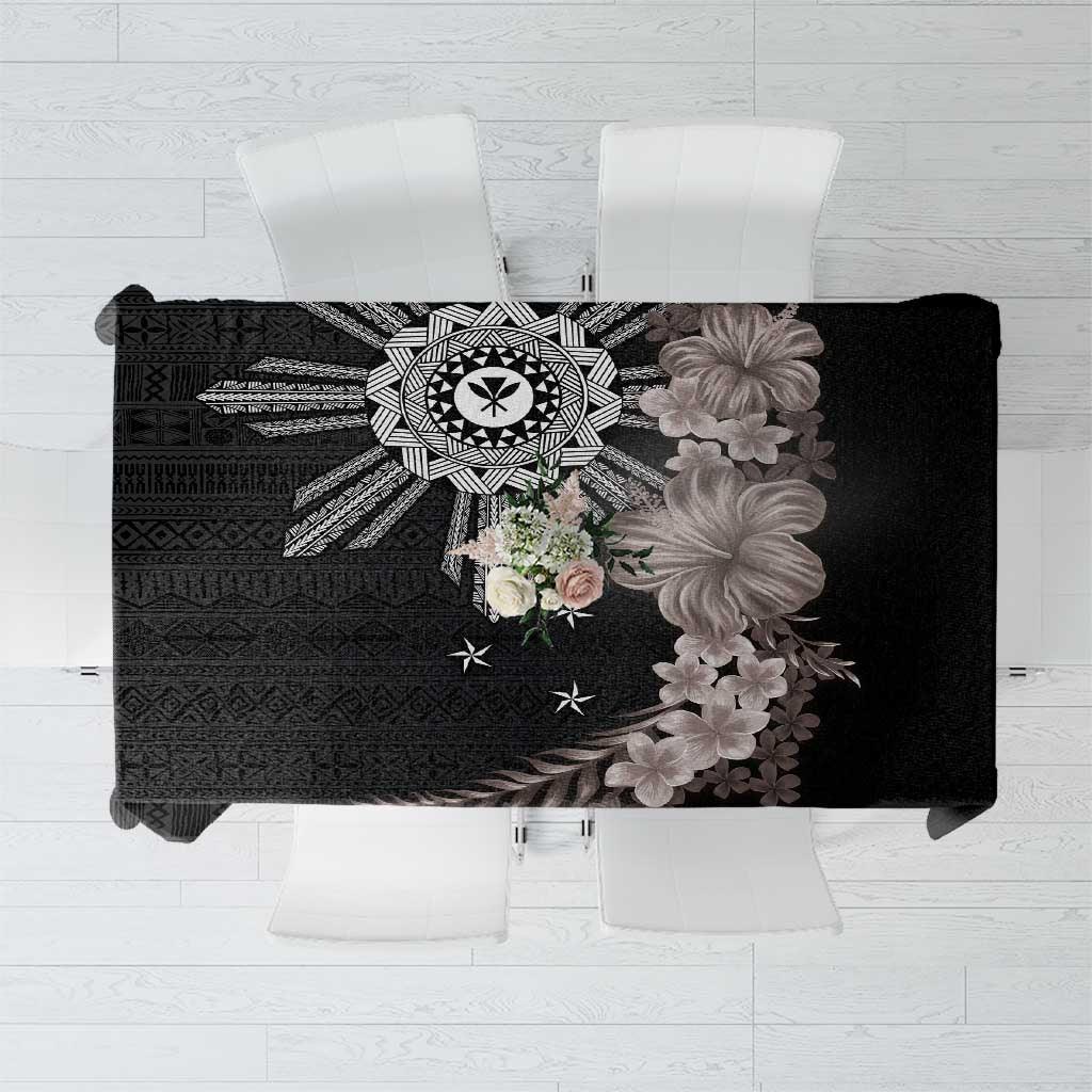 Hawaii and Philippines Together Tablecloth Hibiscus Flower and Sun Badge Polynesian Pattern Grayscale