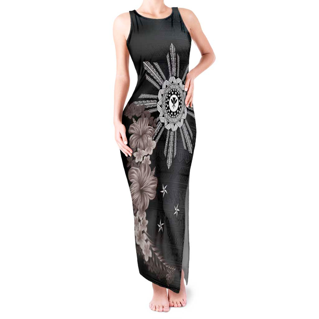 Hawaii and Philippines Together Tank Maxi Dress Hibiscus Flower and Sun Badge Polynesian Pattern Grayscale