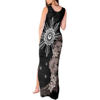 Hawaii and Philippines Together Tank Maxi Dress Hibiscus Flower and Sun Badge Polynesian Pattern Grayscale