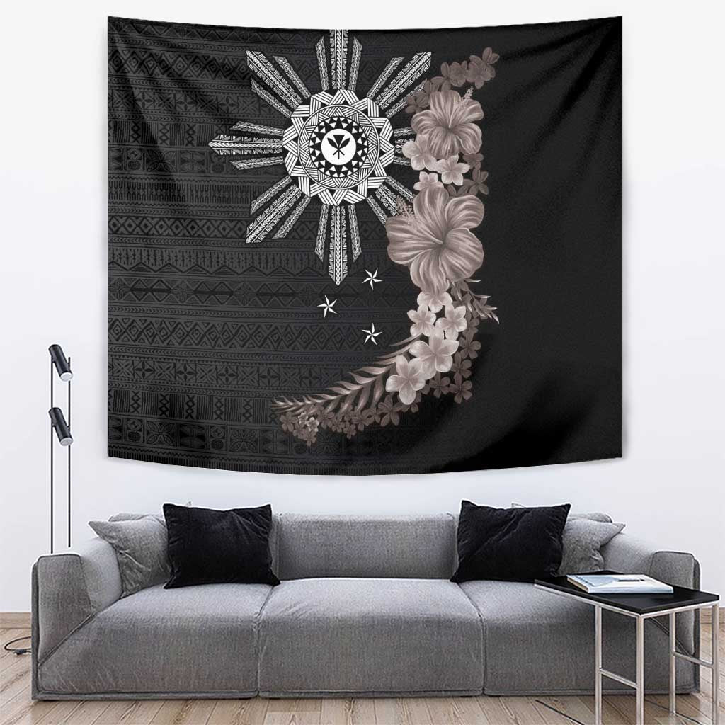 Hawaii and Philippines Together Tapestry Hibiscus Flower and Sun Badge Polynesian Pattern Grayscale