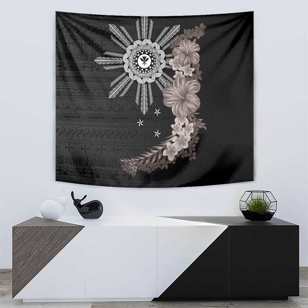 Hawaii and Philippines Together Tapestry Hibiscus Flower and Sun Badge Polynesian Pattern Grayscale