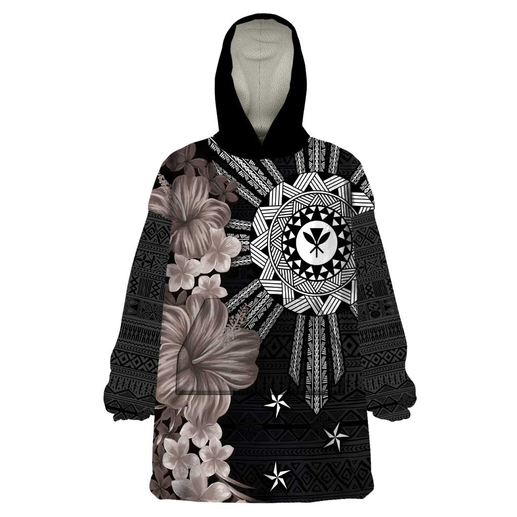 Hawaii and Philippines Together Wearable Blanket Hoodie Hibiscus Flower and Sun Badge Polynesian Pattern Grayscale