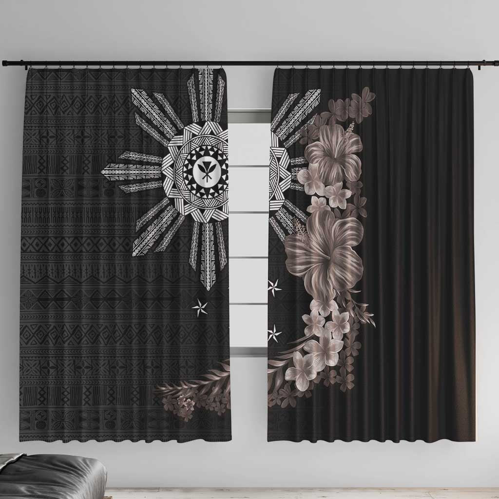 Hawaii and Philippines Together Window Curtain Hibiscus Flower and Sun Badge Polynesian Pattern Grayscale