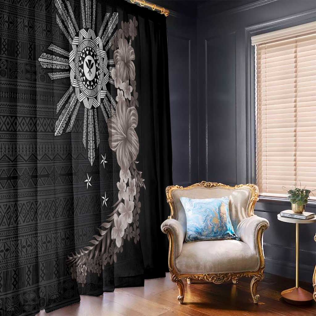 Hawaii and Philippines Together Window Curtain Hibiscus Flower and Sun Badge Polynesian Pattern Grayscale