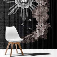 Hawaii and Philippines Together Window Curtain Hibiscus Flower and Sun Badge Polynesian Pattern Grayscale