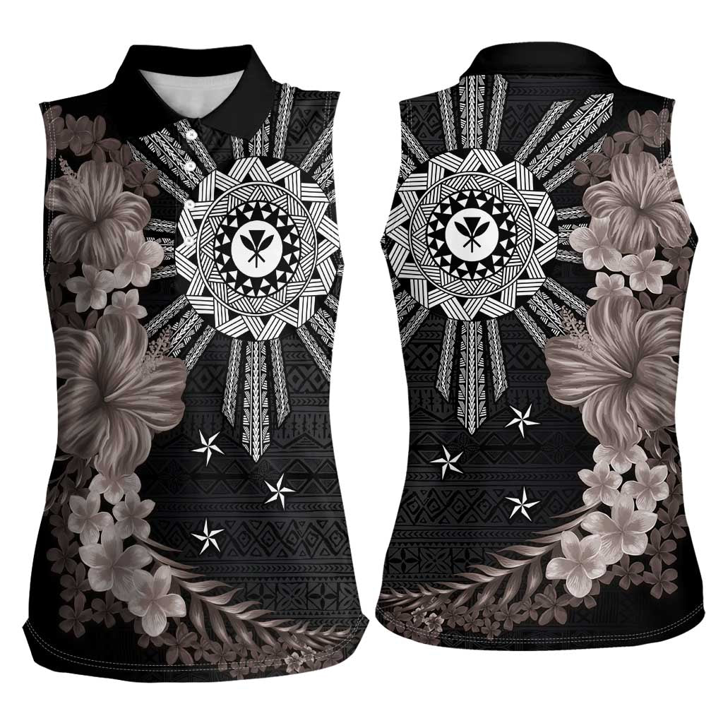Hawaii and Philippines Together Women Sleeveless Polo Shirt Hibiscus Flower and Sun Badge Polynesian Pattern Grayscale