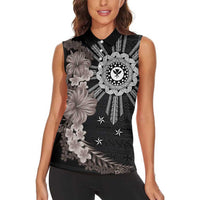 Hawaii and Philippines Together Women Sleeveless Polo Shirt Hibiscus Flower and Sun Badge Polynesian Pattern Grayscale