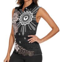 Hawaii and Philippines Together Women Sleeveless Polo Shirt Hibiscus Flower and Sun Badge Polynesian Pattern Grayscale