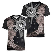 Hawaii and Philippines Together Women V-Neck T-Shirt Hibiscus Flower and Sun Badge Polynesian Pattern Grayscale