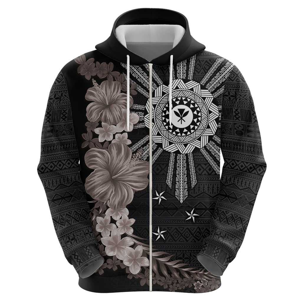 Hawaii and Philippines Together Zip Hoodie Hibiscus Flower and Sun Badge Polynesian Pattern Grayscale