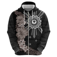 Hawaii and Philippines Together Zip Hoodie Hibiscus Flower and Sun Badge Polynesian Pattern Grayscale