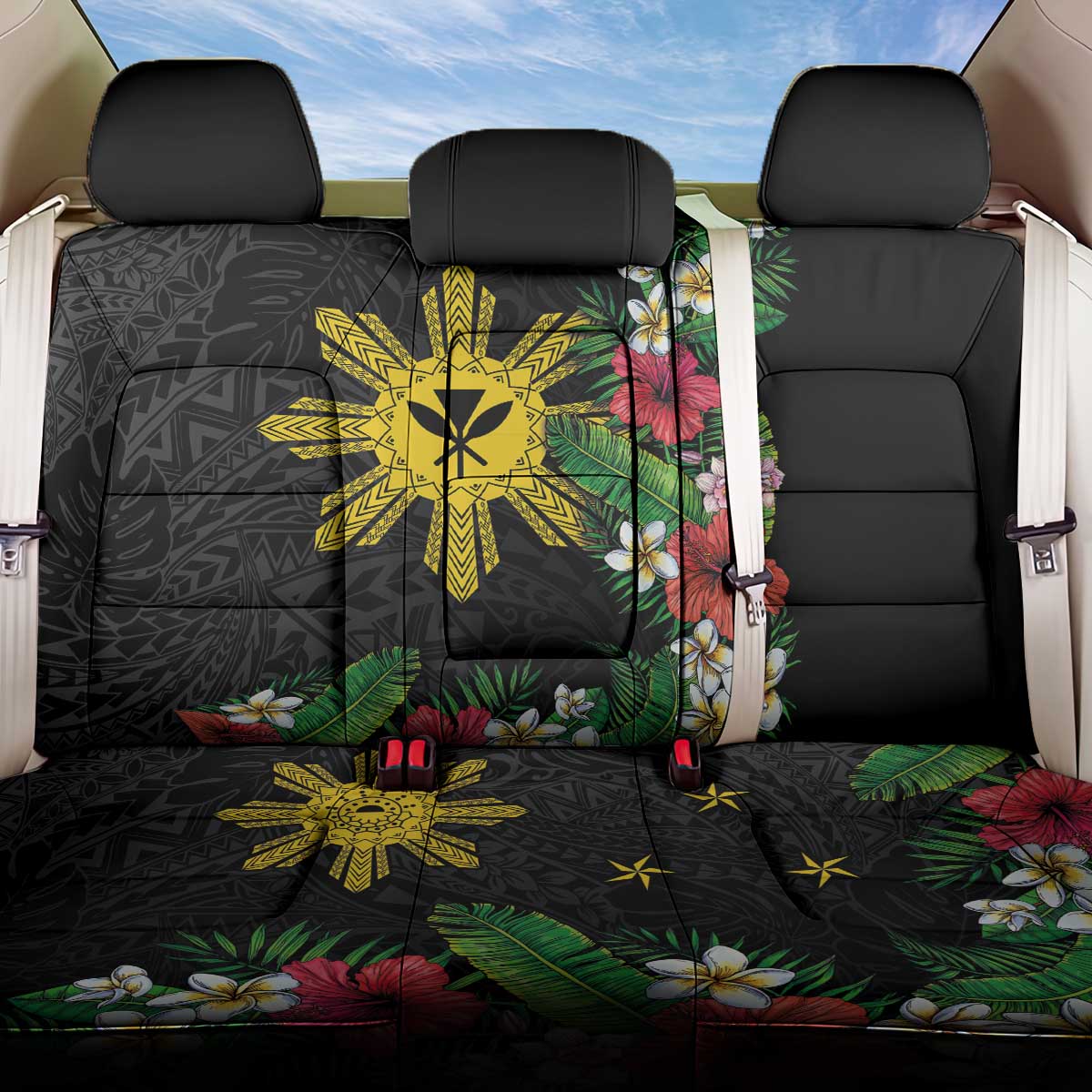 Tropical Hawaii and Philippines Back Car Seat Cover Kanaka Maoli and Sun Badge Batok Tattoo Colorful