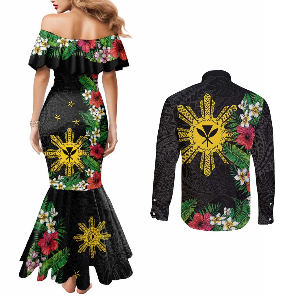 Tropical Hawaii and Philippines Couples Matching Mermaid Dress and Long Sleeve Button Shirt Kanaka Maoli and Sun Badge Batok Tattoo Colorful