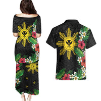 Tropical Hawaii and Philippines Couples Matching Puletasi and Hawaiian Shirt Kanaka Maoli and Sun Badge Batok Tattoo Colorful