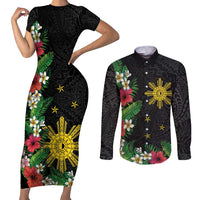 Tropical Hawaii and Philippines Couples Matching Short Sleeve Bodycon Dress and Long Sleeve Button Shirt Kanaka Maoli and Sun Badge Batok Tattoo Colorful