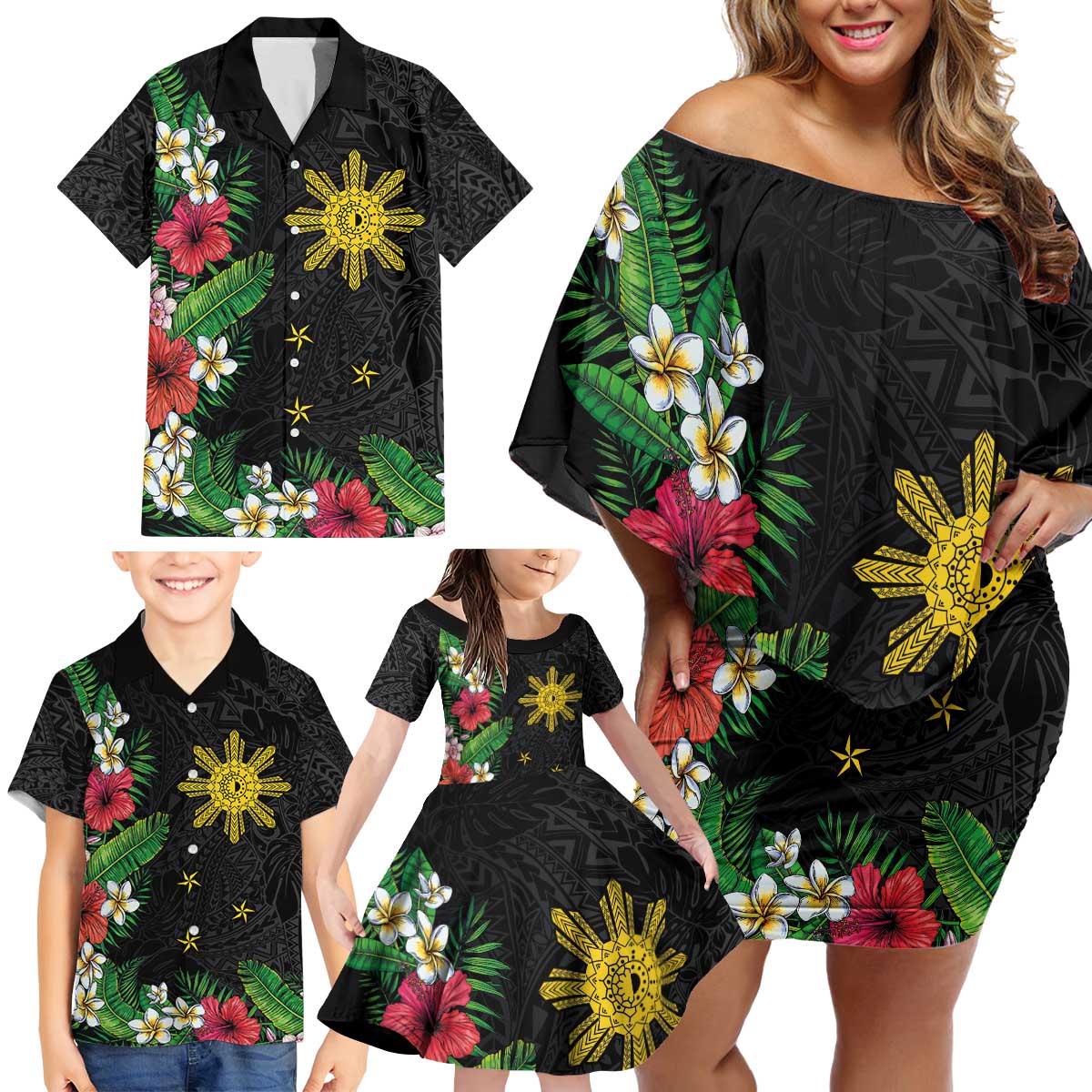 Tropical Hawaii and Philippines Family Matching Off Shoulder Short Dress and Hawaiian Shirt Kanaka Maoli and Sun Badge Batok Tattoo Colorful