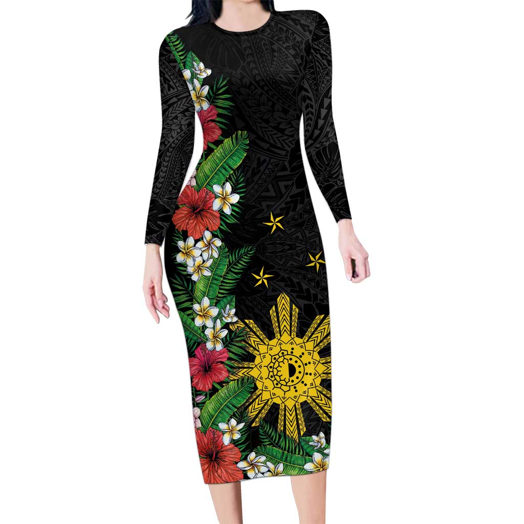 Tropical Hawaii and Philippines Long Sleeve Bodycon Dress Kanaka Maoli and Sun Badge Batok Tattoo Colorful