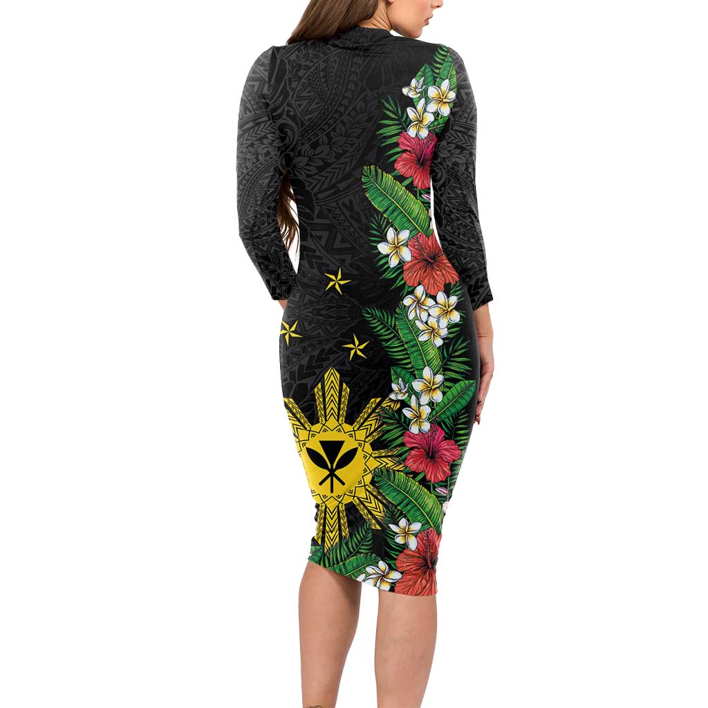 Tropical Hawaii and Philippines Long Sleeve Bodycon Dress Kanaka Maoli and Sun Badge Batok Tattoo Colorful