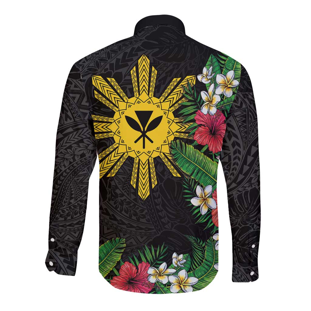 Tropical Hawaii and Philippines Long Sleeve Button Shirt Kanaka Maoli and Sun Badge Batok Tattoo Colorful