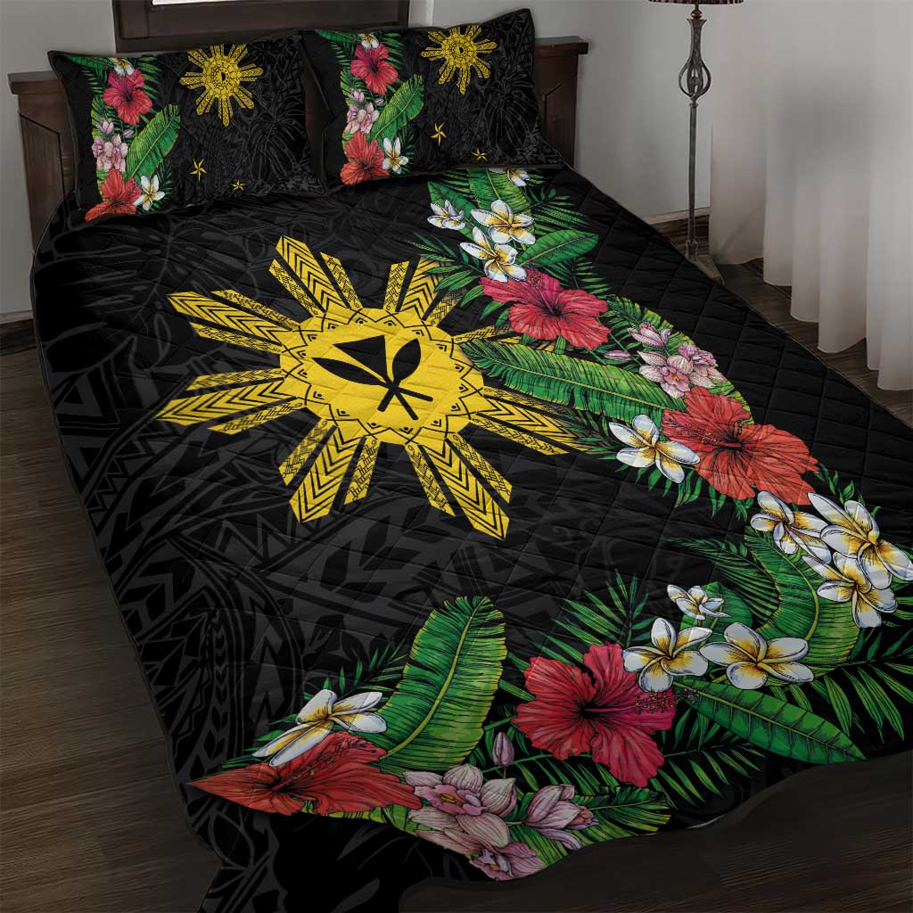 Tropical Hawaii and Philippines Quilt Bed Set Kanaka Maoli and Sun Badge Batok Tattoo Colorful