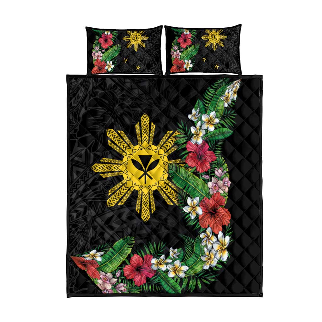 Tropical Hawaii and Philippines Quilt Bed Set Kanaka Maoli and Sun Badge Batok Tattoo Colorful