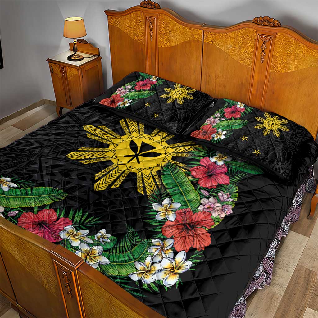 Tropical Hawaii and Philippines Quilt Bed Set Kanaka Maoli and Sun Badge Batok Tattoo Colorful
