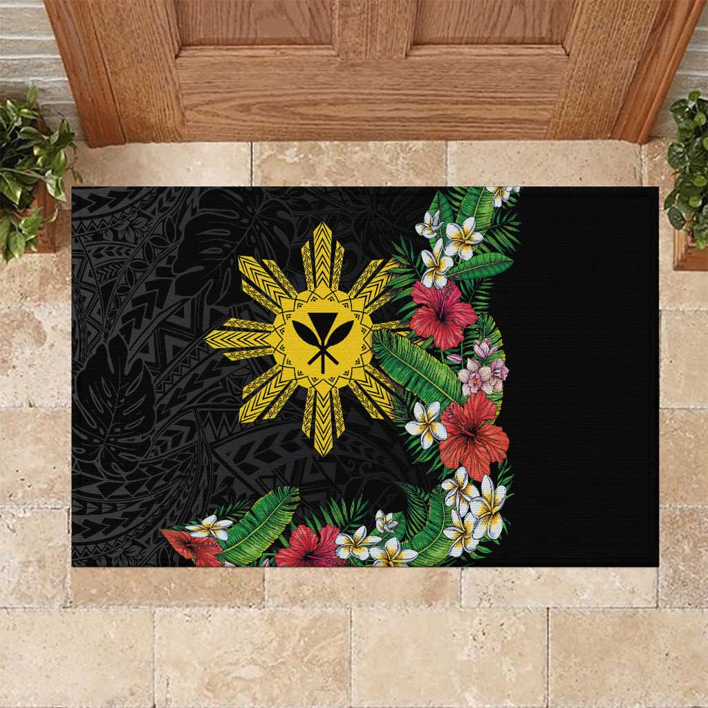 Tropical Hawaii and Philippines Rubber Doormat Kanaka Maoli and Sun Badge Batok Tattoo Colorful