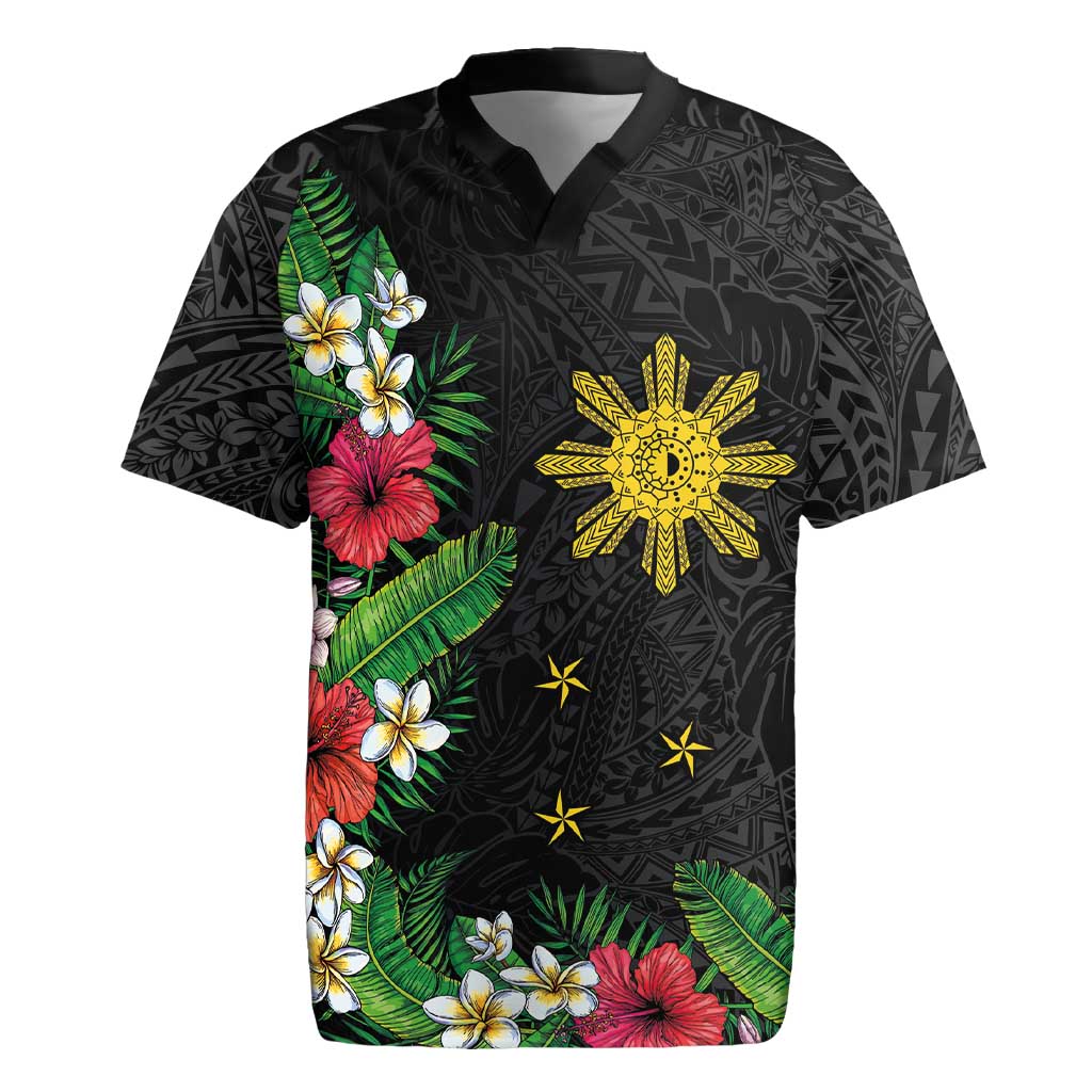 Tropical Hawaii and Philippines Rugby Jersey Kanaka Maoli and Sun Badge Batok Tattoo Colorful