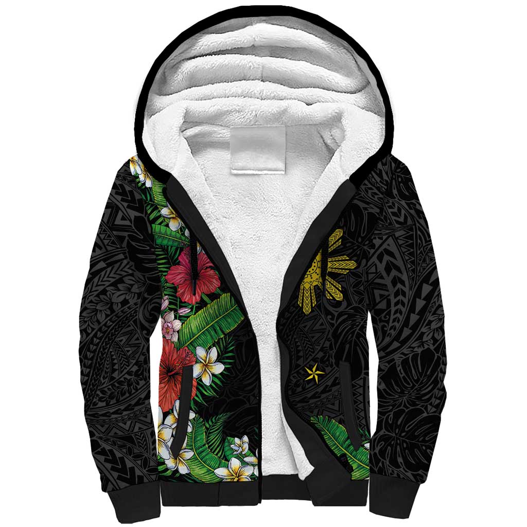 Tropical Hawaii and Philippines Sherpa Hoodie Kanaka Maoli and Sun Badge Batok Tattoo Colorful