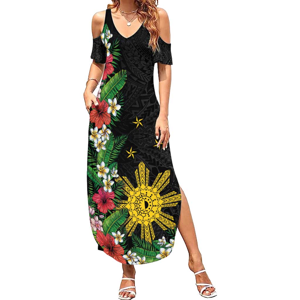 Tropical Hawaii and Philippines Summer Maxi Dress Kanaka Maoli and Sun Badge Batok Tattoo Colorful