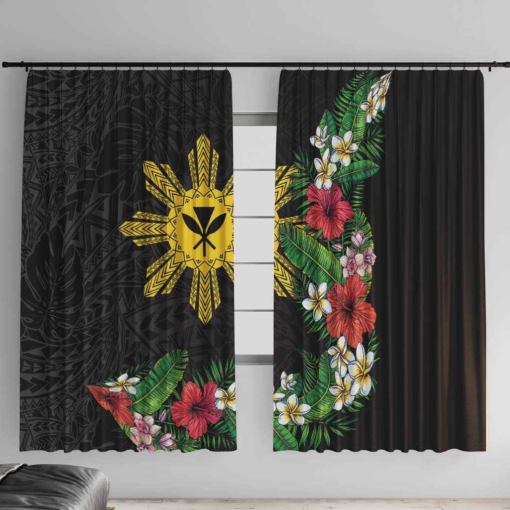 Tropical Hawaii and Philippines Window Curtain Kanaka Maoli and Sun Badge Batok Tattoo Colorful