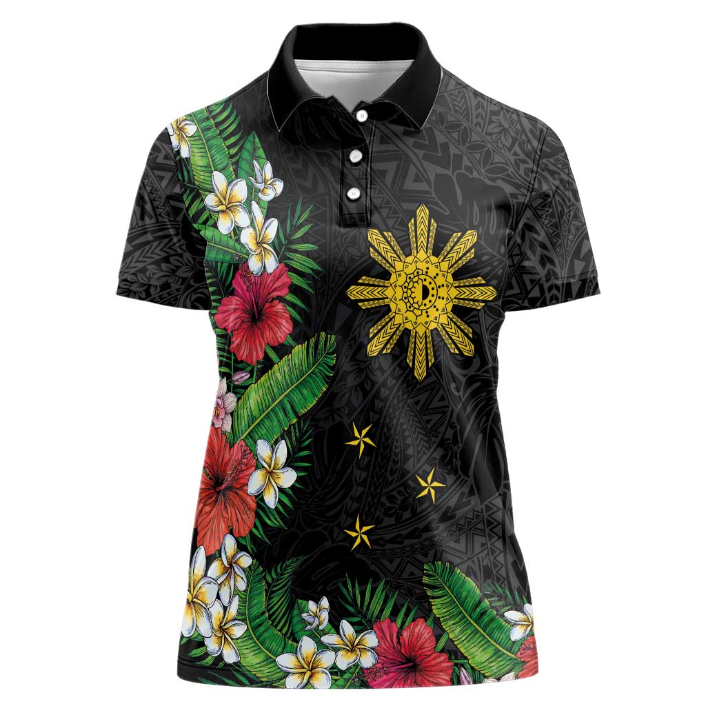 Tropical Hawaii and Philippines Women Polo Shirt Kanaka Maoli and Sun Badge Batok Tattoo Colorful