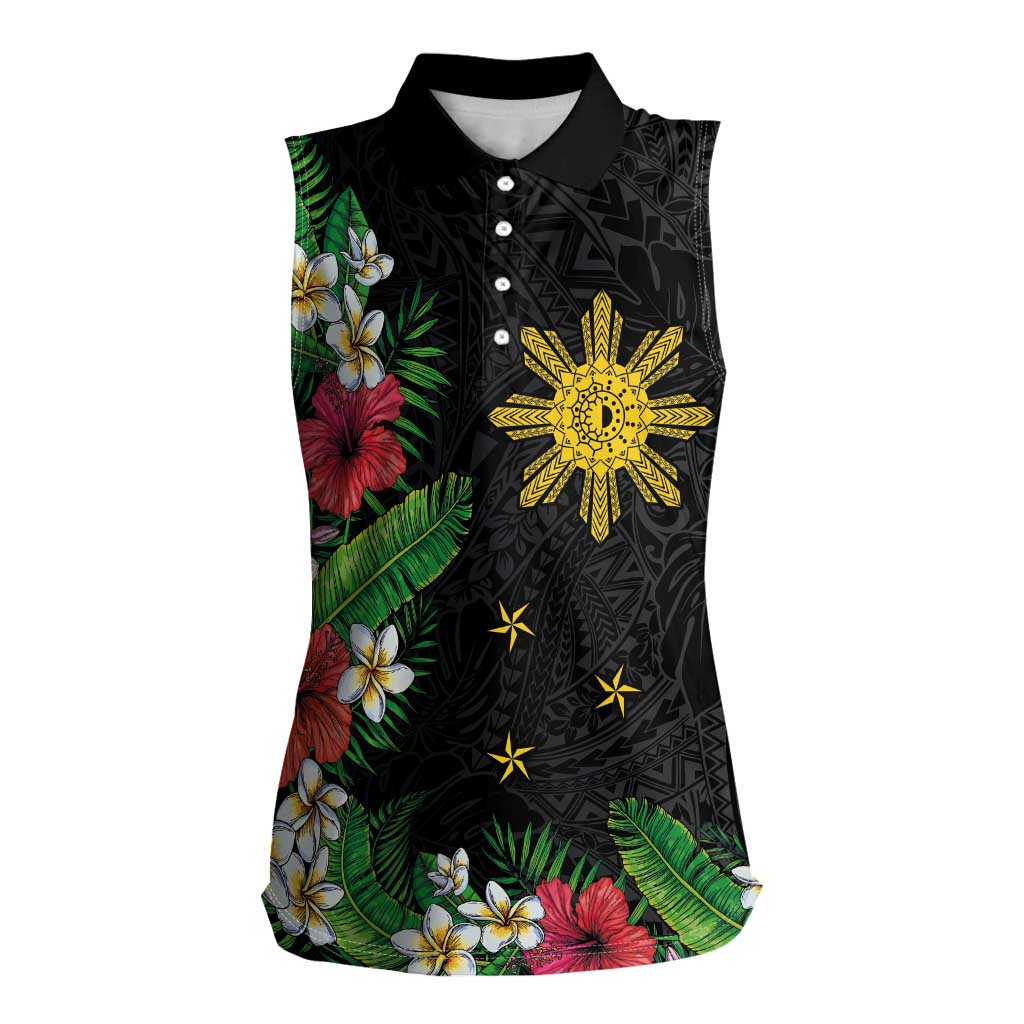 Tropical Hawaii and Philippines Women Sleeveless Polo Shirt Kanaka Maoli and Sun Badge Batok Tattoo Colorful