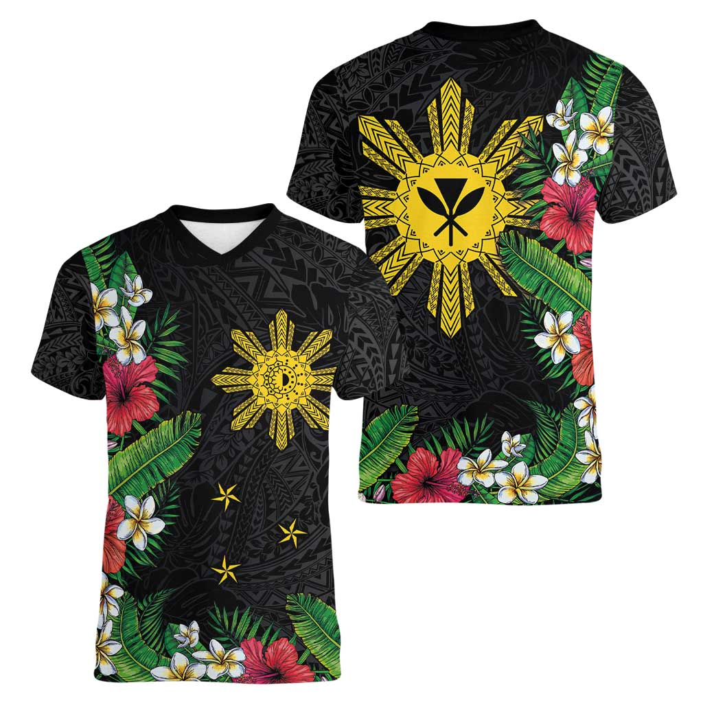 Tropical Hawaii and Philippines Women V-Neck T-Shirt Kanaka Maoli and Sun Badge Batok Tattoo Colorful