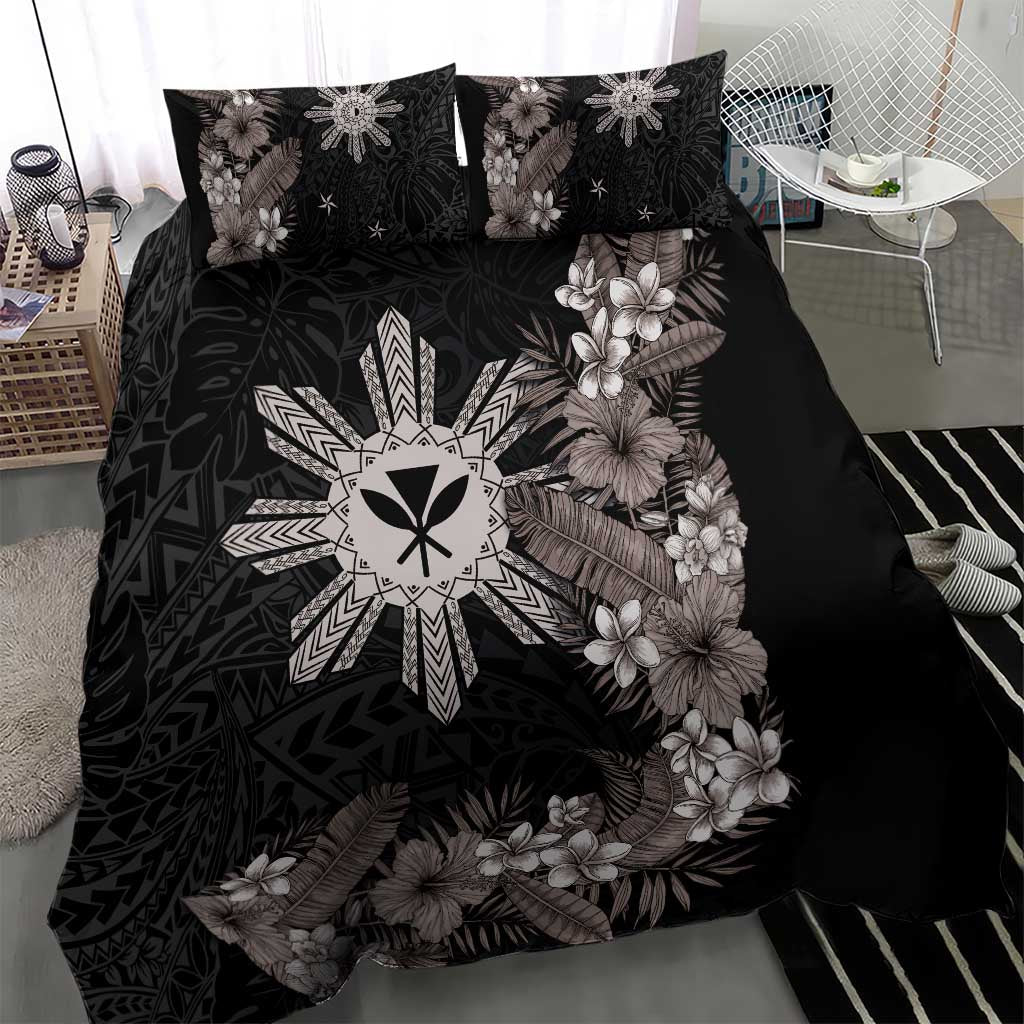 Tropical Hawaii and Philippines Bedding Set Kanaka Maoli and Sun Badge Batok Tattoo Grayscale