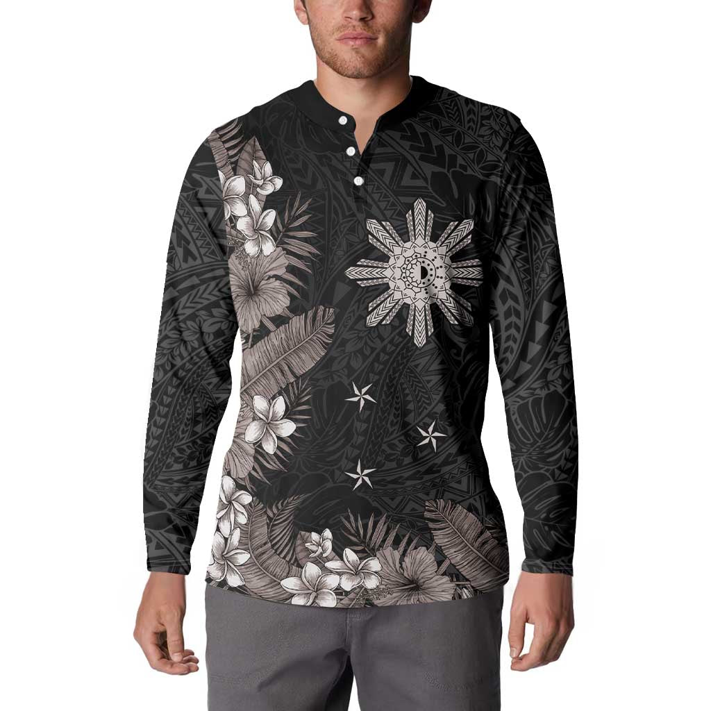 Tropical Hawaii and Philippines Button Sweatshirt Kanaka Maoli and Sun Badge Batok Tattoo Grayscale